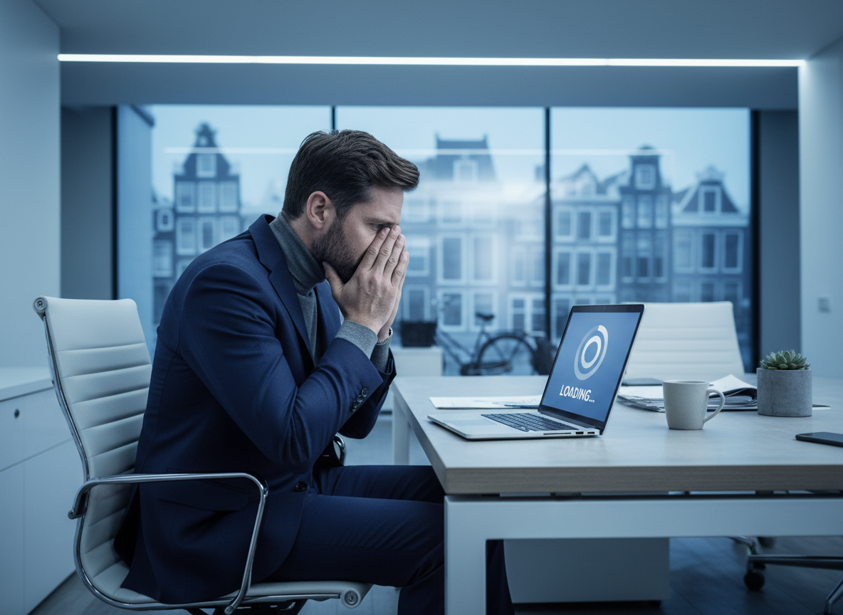 Gefrustreerde ondernemer wacht op een trage website terwijl zijn laptop een laadscherm toont
